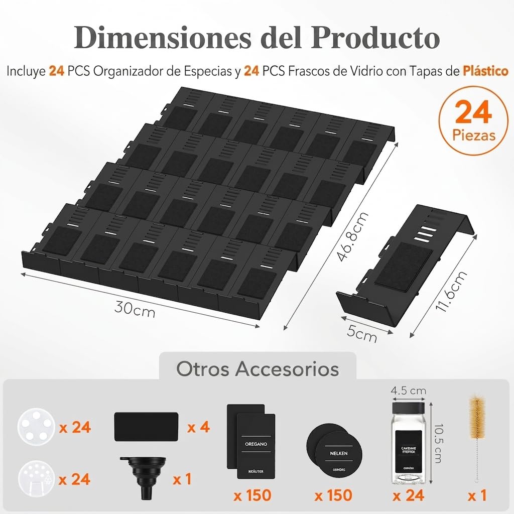 Lifewit Especieros para Cajones Cocina 24 Piezas con 24 Botes, Organizador de Especias Ajustable y Combinable para La Mayoría de Los Cajones, Estante antideslizante para Despensa y Encimera, Negro