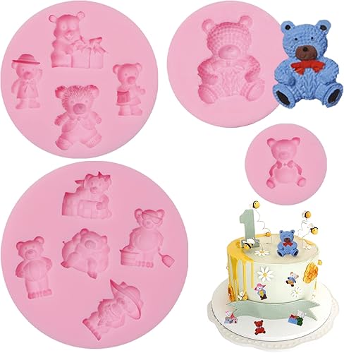 Molde de silicona para oso de peluche, 4 unidades, lindo molde de fondant de osos bebé para decoración de pasteles, azúcar de caramelo, decoración