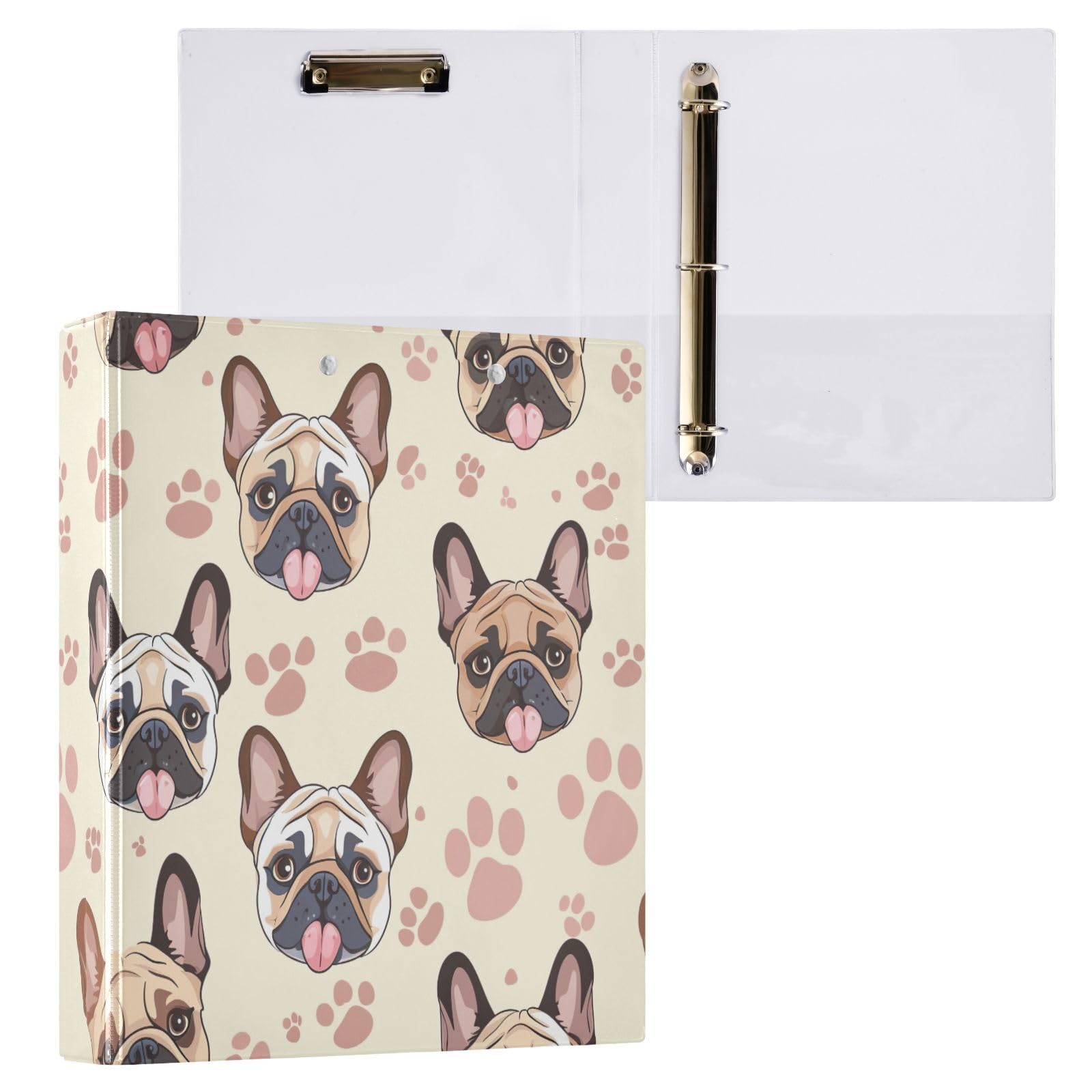 Raccoglitore a 3 anelli a D con stampe di bulldog francese, 3,8 cm, con 3 raccoglitori per scuola, università, ufficio (confezione da 2)