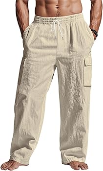 Khaki Linen Cargo Pants for Men 2025 Summer Casual Elastic
