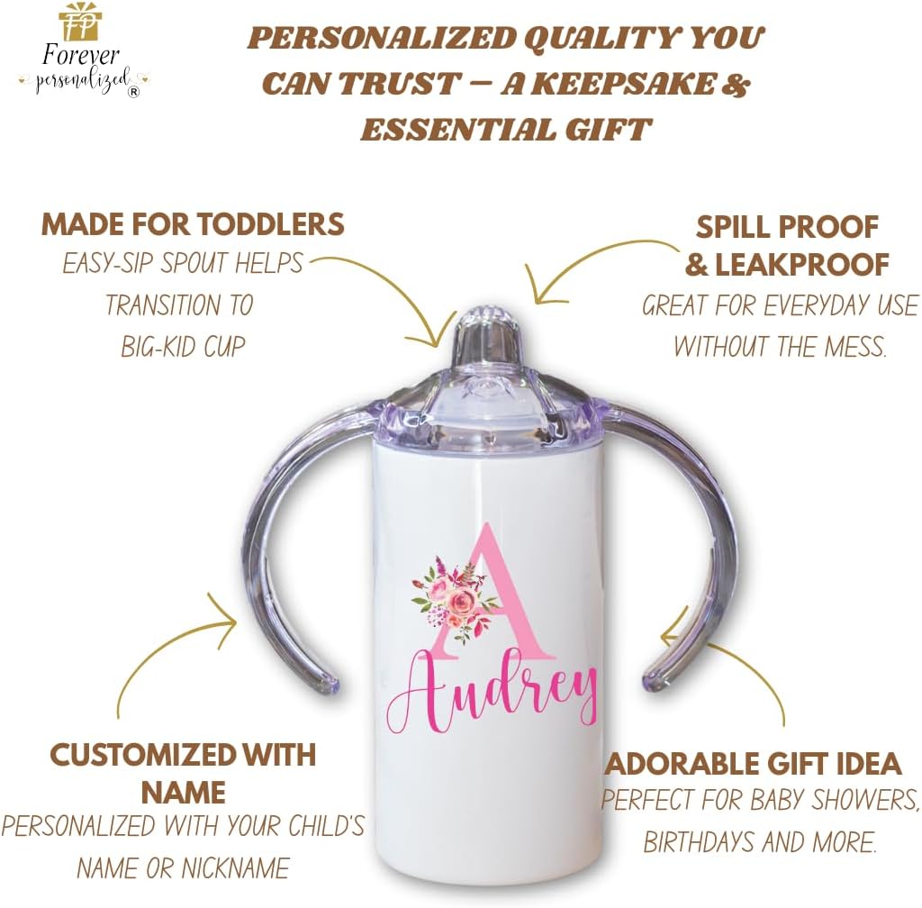 Personalized Floral Initial Sippy Cup Girls | Any Name or Text | Custom Baby Girl Gift | Tumblers for Toddlers | Stainless Steel Insulated Cups for Toddler | BPA Free - Image 2