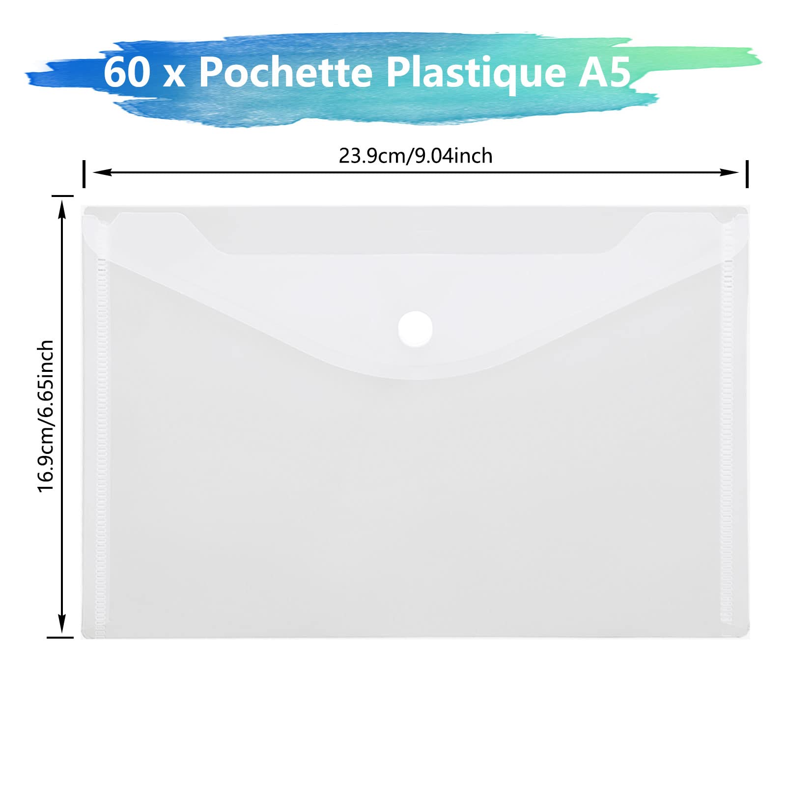 Lot de 60 Pochette Porte Document A5 Transparente, Pochette Plastique A5 en Polypropylène avec Bouton pour l'organisation de Bureau de Travail à Domicile à l'école