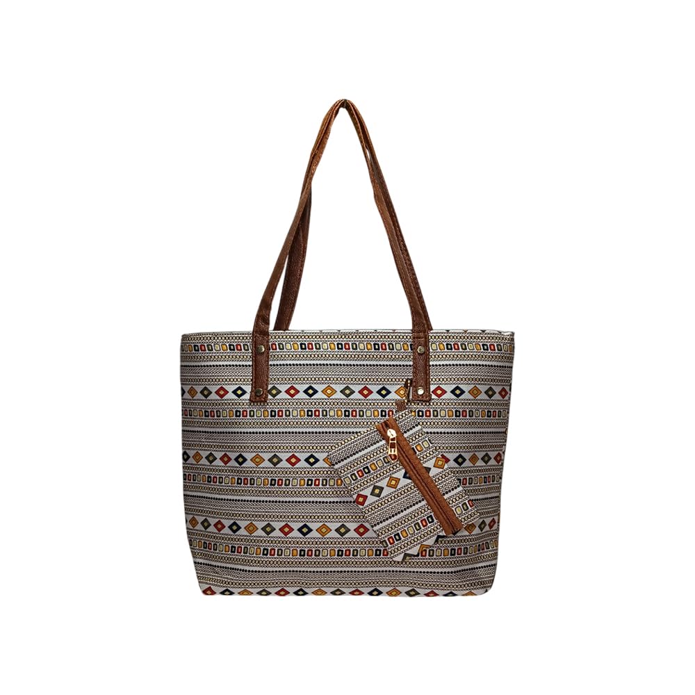 style ba Women’s Stylish Tote Bag with Embroidery Print, Leather Handles & Multiple Zip Pockets | Big Size Handbag for Women | Office, College & Travel Tote Bag (32x30x8 cm)-picture-17