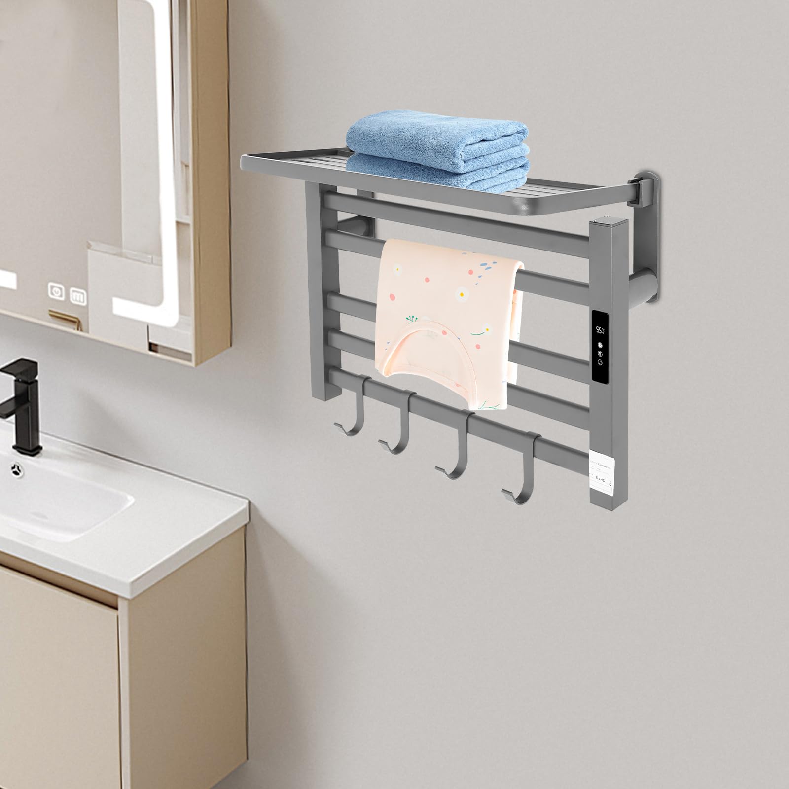 Sèche-serviettes électrique mural avec 5 barres chauffantes en fibre de carbone écran tactile minuterie 0-24h IPX5 en 3 couleurs pour salle de bain (gris)