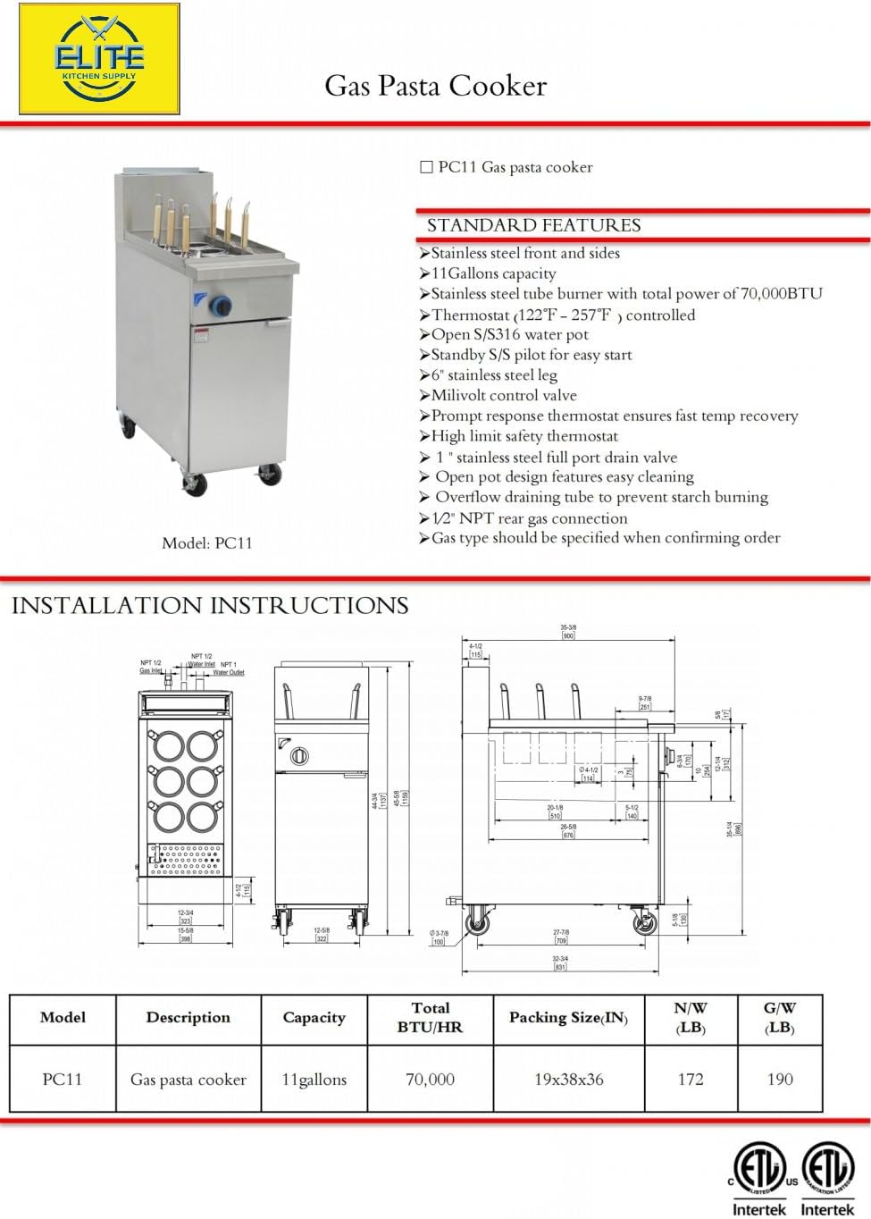Commercial Pasta Noodle Cooker Range, 11 Gal 15.75" 6 Holes NG ETL