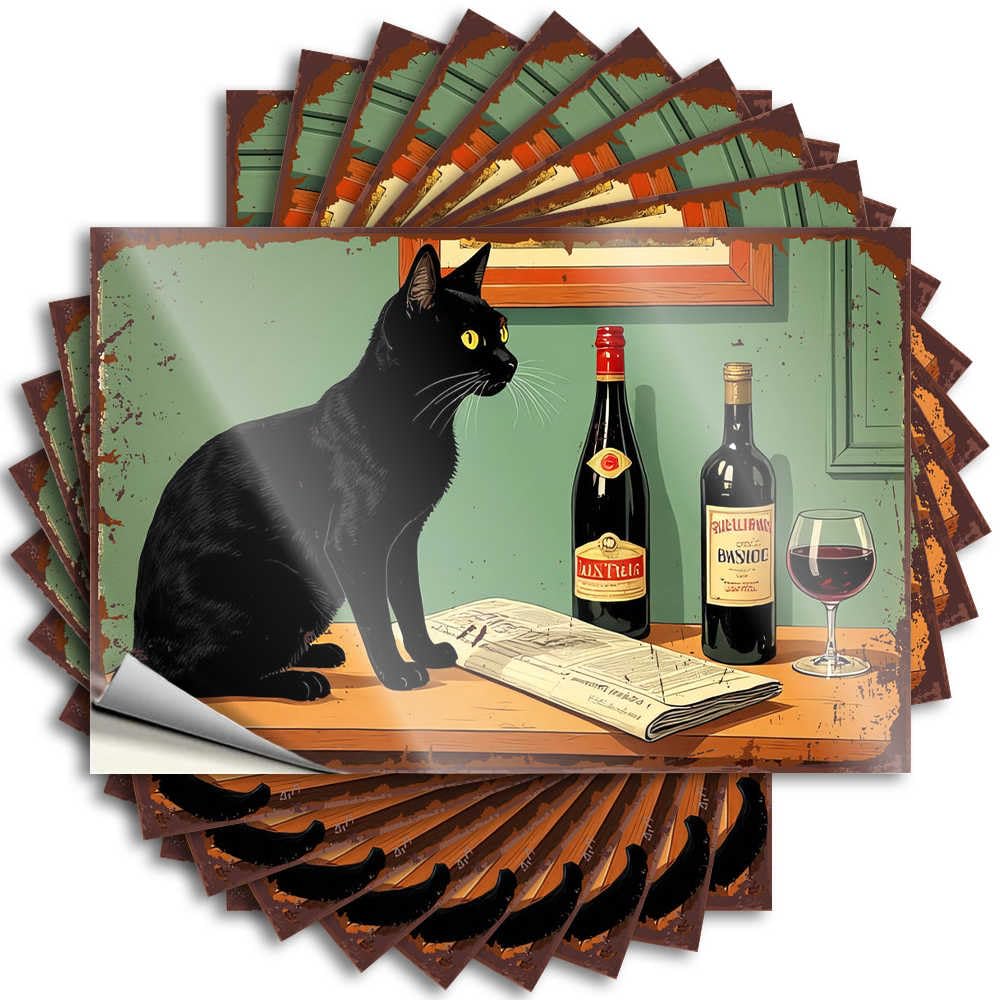 Tattoo Mimosa Bar Decor | Tiny Laptop Black Cat with Wine Bottles and Newspaper On Wooden Table for Silicone(6X9CM)