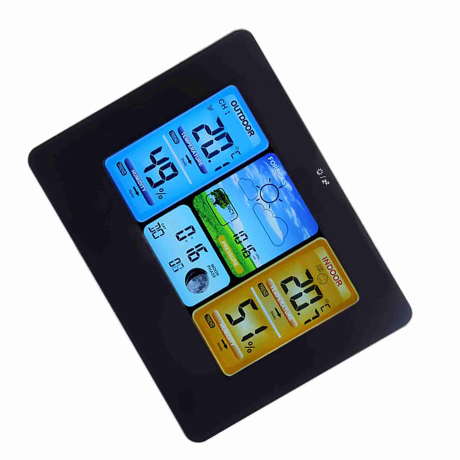 Ejoyous Drahtlose Wetterstation, Digitale Wetterstation aus Beschichtetem Glas mit Innen- und Außenthermometer, Farbdisplay, Wettervorhersagealarm Mondphase, für den Schreibtisch Zur Wandmontage zu