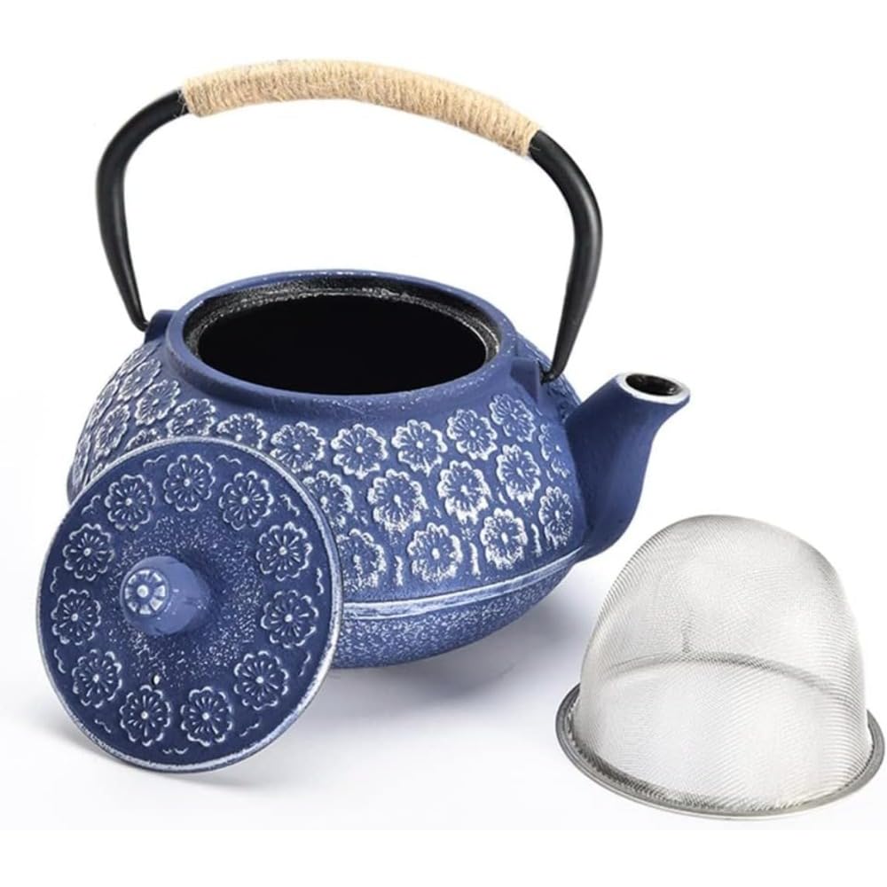 Poixmoc 南部鉄壺 桜鉄器 ティーポット 鉄製 鋳物 茶道道具 伝統工芸品 桜文様 ガスストーブ 炭火 直火対応 鉄分補給 高級 和風 ギフト (フォークパッドは必要ありません。,ブルー) : Home & Kitchen