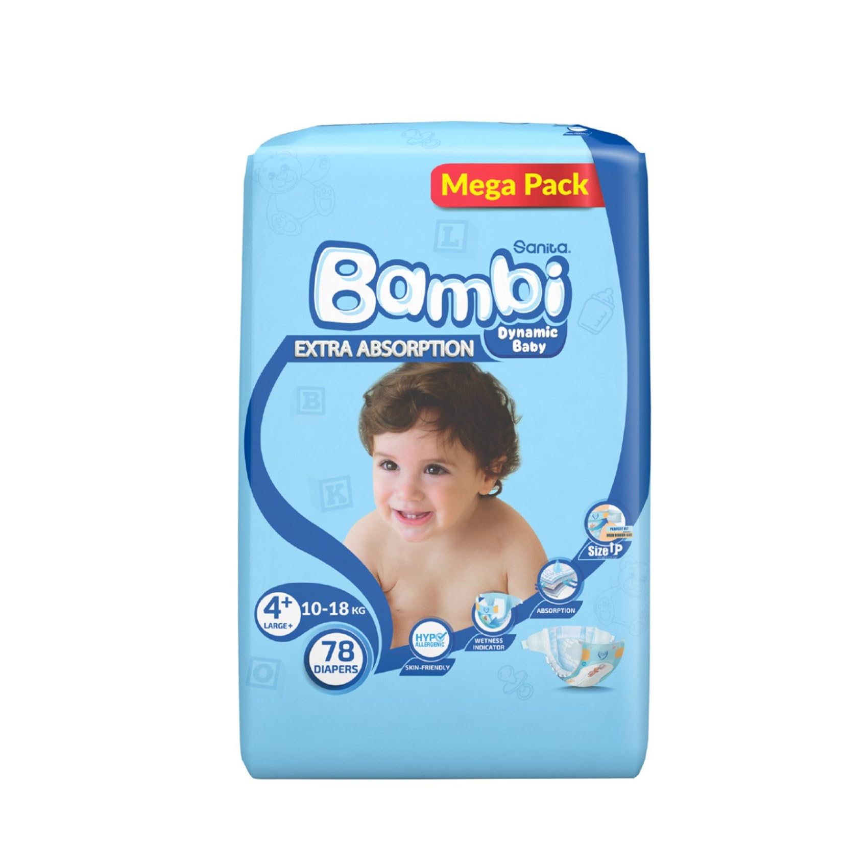 Sanita Bambi Baby Diapers Mega Pack Size 4+, Large PlUS, 10-18 Kg, 78 Count