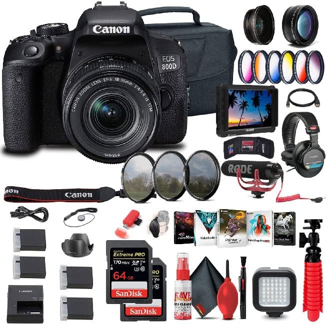 Canon EOS Rebel 800D / T7i DSLR Camera with 18-55 4-5.6 is STM Lens (1895C002), 4K Monitor, Pro Mic, Pro Headphones, 2 x 64GB Memory Card, Color Filter Kit, Case + More