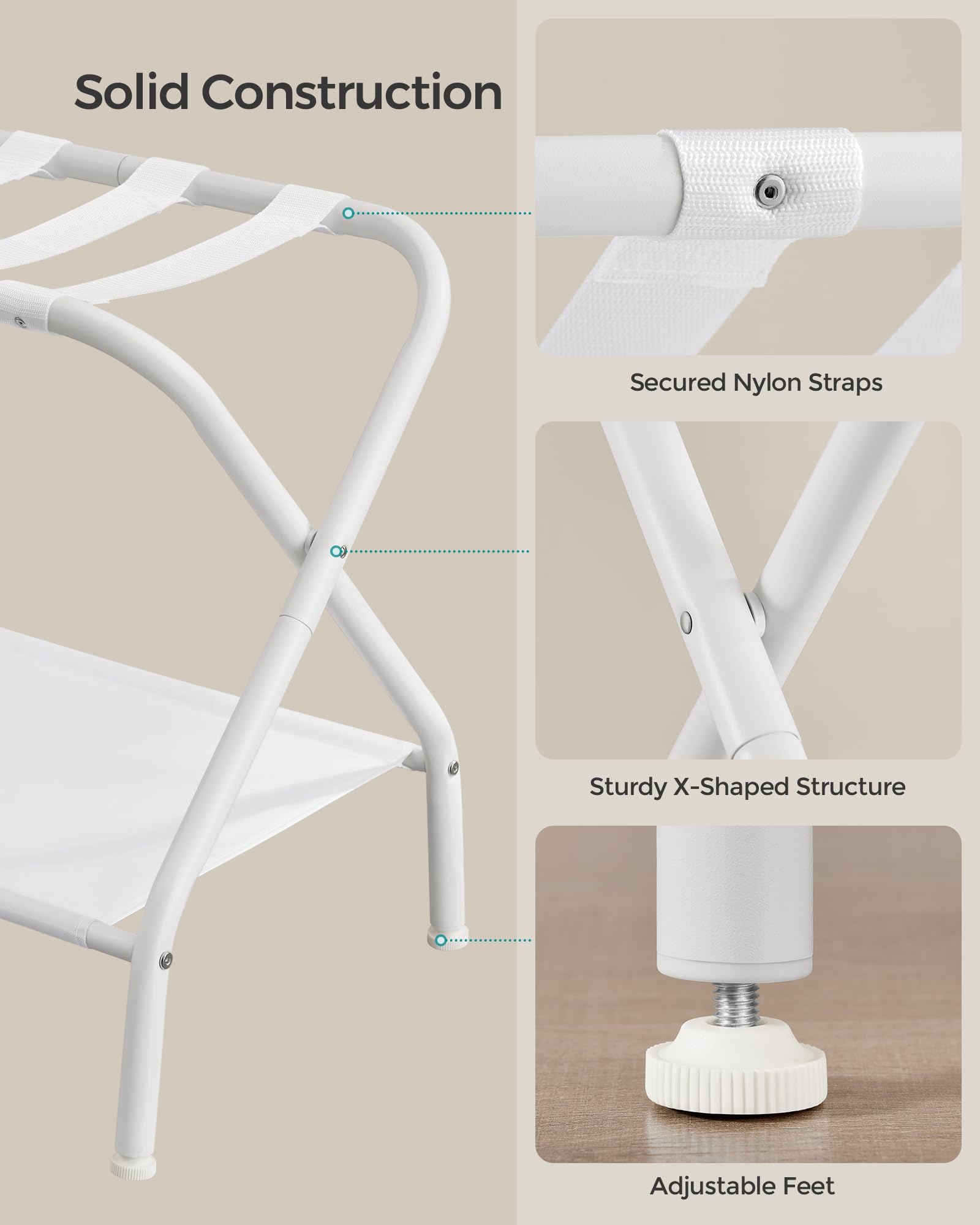 SONGMICS Lot de 2 porte-bagages avec étagère de rangement en tissu, peut supporter jusqu'à 50 kg, 69,9 x 38,1 x 52,1 cm, blanc nuage RLR002W02