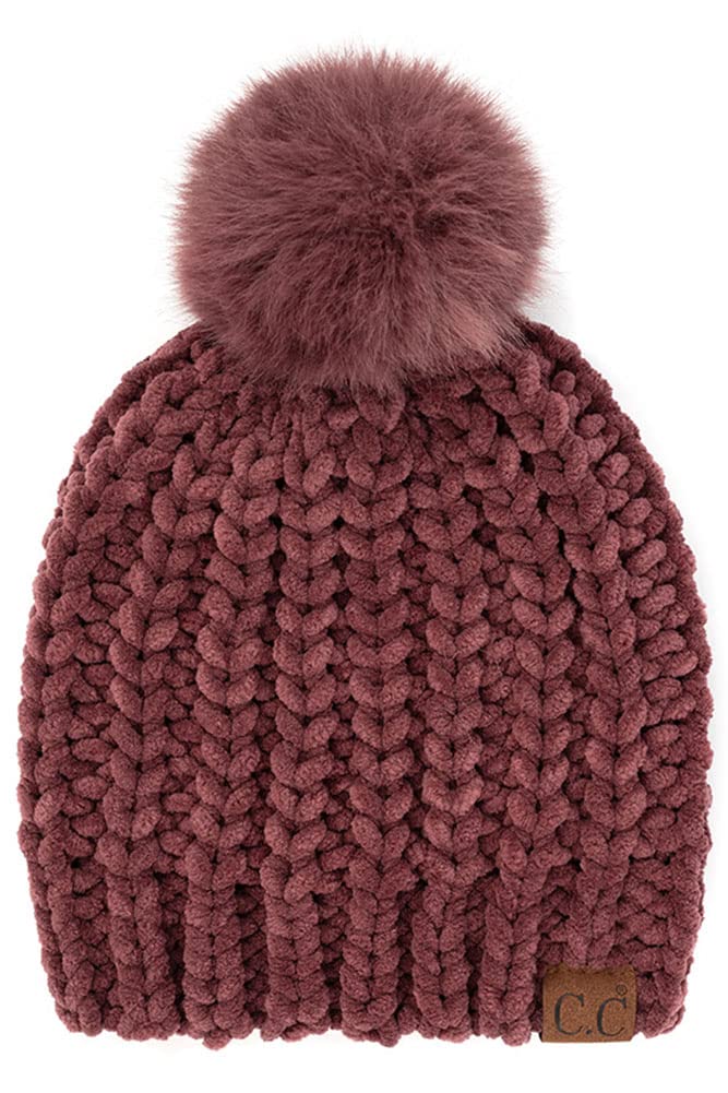 ScarvesMeSoft Winter Warm Chenille Chuny Yarn Cuff Beanie with Pom