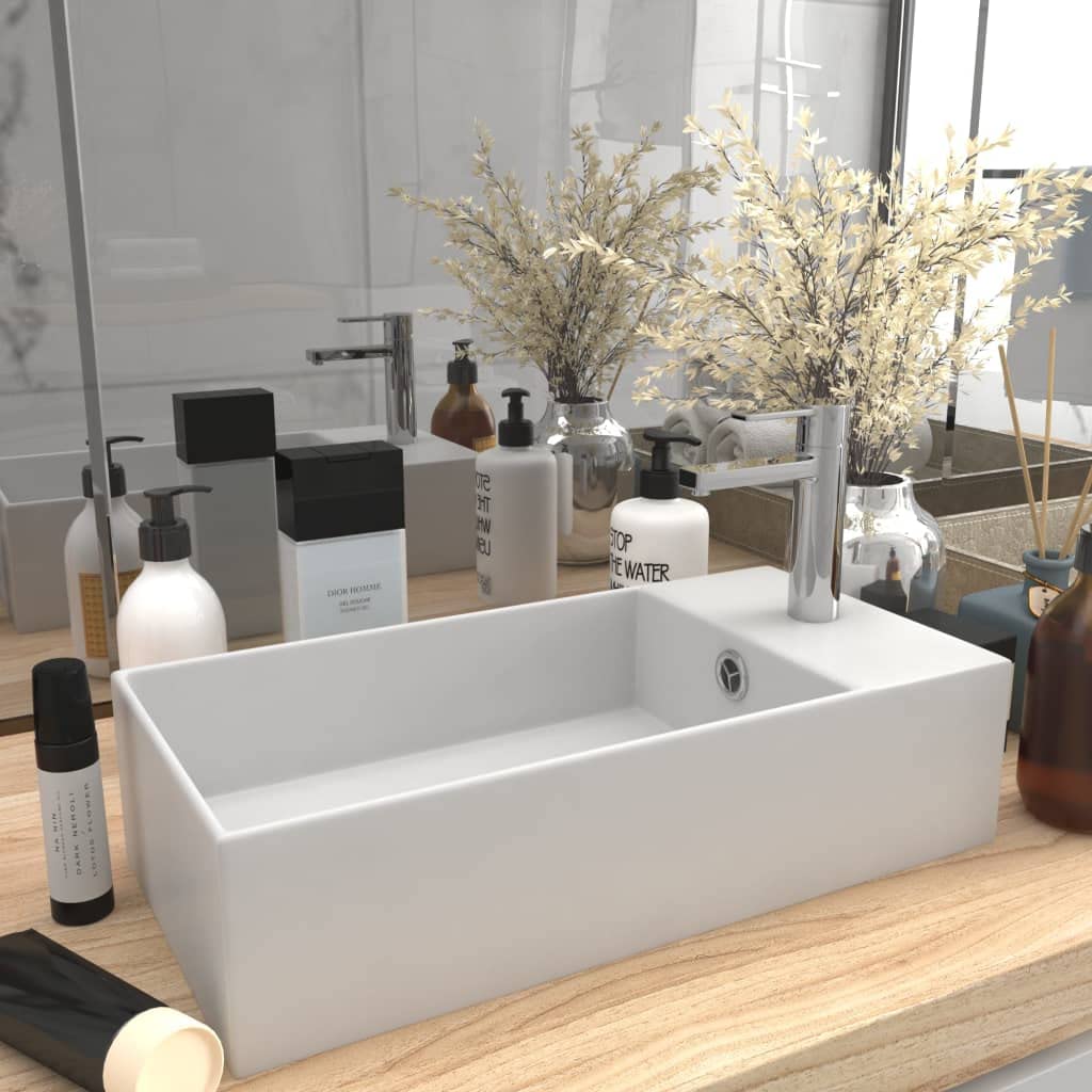 Lavabo de cerámica blanco mate, 480 x 250 x 150 mm, con orificio de desbordamiento, orificio de desagüe de 45 mm, orificio para grifo de 35 mm, para baño