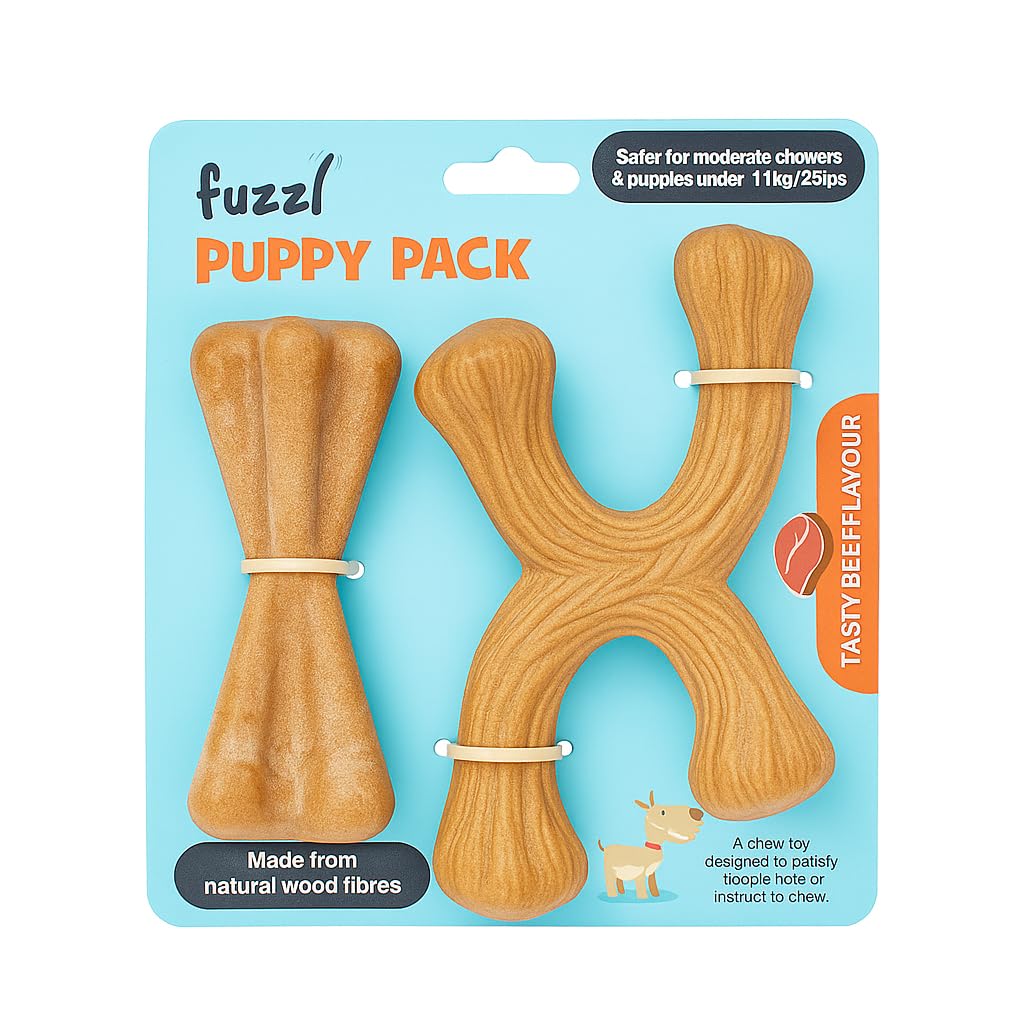 Fuzzl Puppy & Small Dog Chew Toy Beef Flavour Twin Pack - Bone and Crossbone - Soft Enrichment Dog Toys for Puppies and Small Dogs