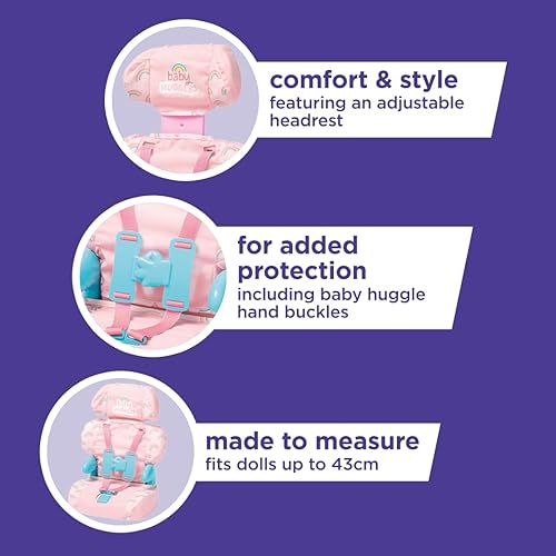 Miniatura 6 de Casdon Baby Huggles Toys - Pink Booster Seat - Car Seat For Dolls with Adjustable Headrest & Buckles - Fits Dolls Sizes Up to 14" - Suitable for