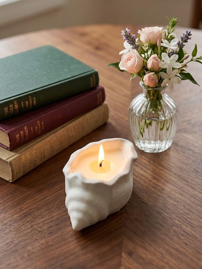 Concrete Seashell Scented Candle, White, Clean Burn, Home Décor and Gift-image-14