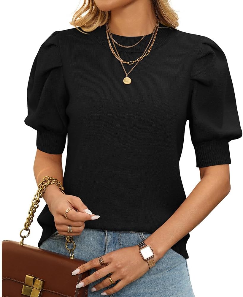 Women's Summer Tops 2026 Spring Short Puff Short Sleeve Sweater Dressy Casual Crewneck Blouse Tops Business Outfits