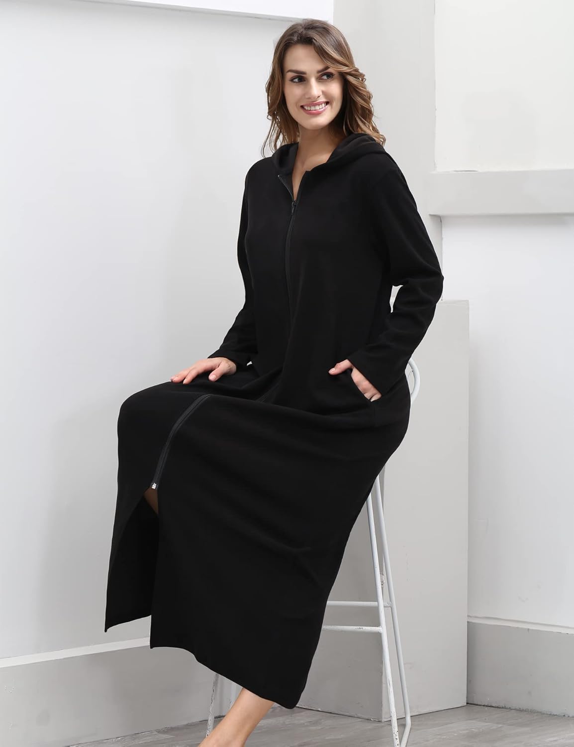 COLORFULLEAF Women's Zip Up Robes Long Sleeve Hooded Fleece Bathrobe Soft Warm Housecoat Loungewear with Pockets