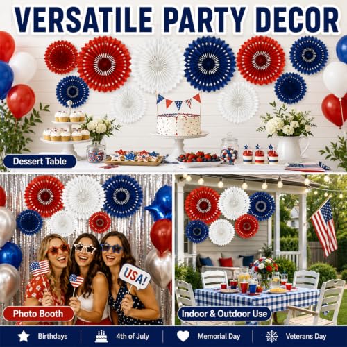 Image of Red White Blue Hanging Honeycomb Round Paper Fans Decoration Patriotic Theme Tissue Paper Fan Garland for Shower Birthday Graduation Wedding Party Supplies 11 Count