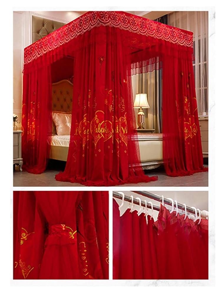 Amazon.co.jp: 天蓋付きベッドカーテン 豪華な赤いベッドの天蓋