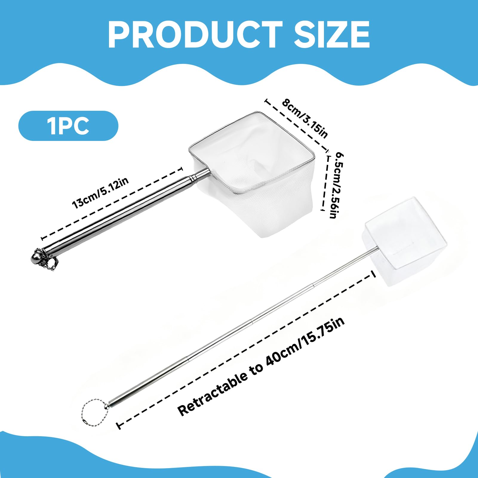 Mini Épuisette Aquarium,8CM Mailles Fines Carrées Souples avec Manche Extensible en Acier Inoxydable pour Aquariums et Petits Bassins(Longueur Maximale Jusqu'à 40 cm) - 3