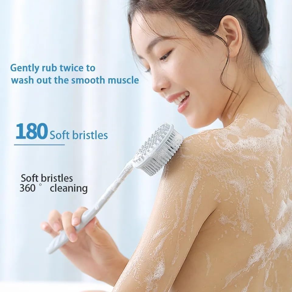 Image of Silicone Back Scrubber, Long Handle Soft Bristles Bath Brush with Massage Beads, Body Shower Washing Brush Wet or Dry Cleaning Spa Brushing for Men and Women (Blue Pack of 1)