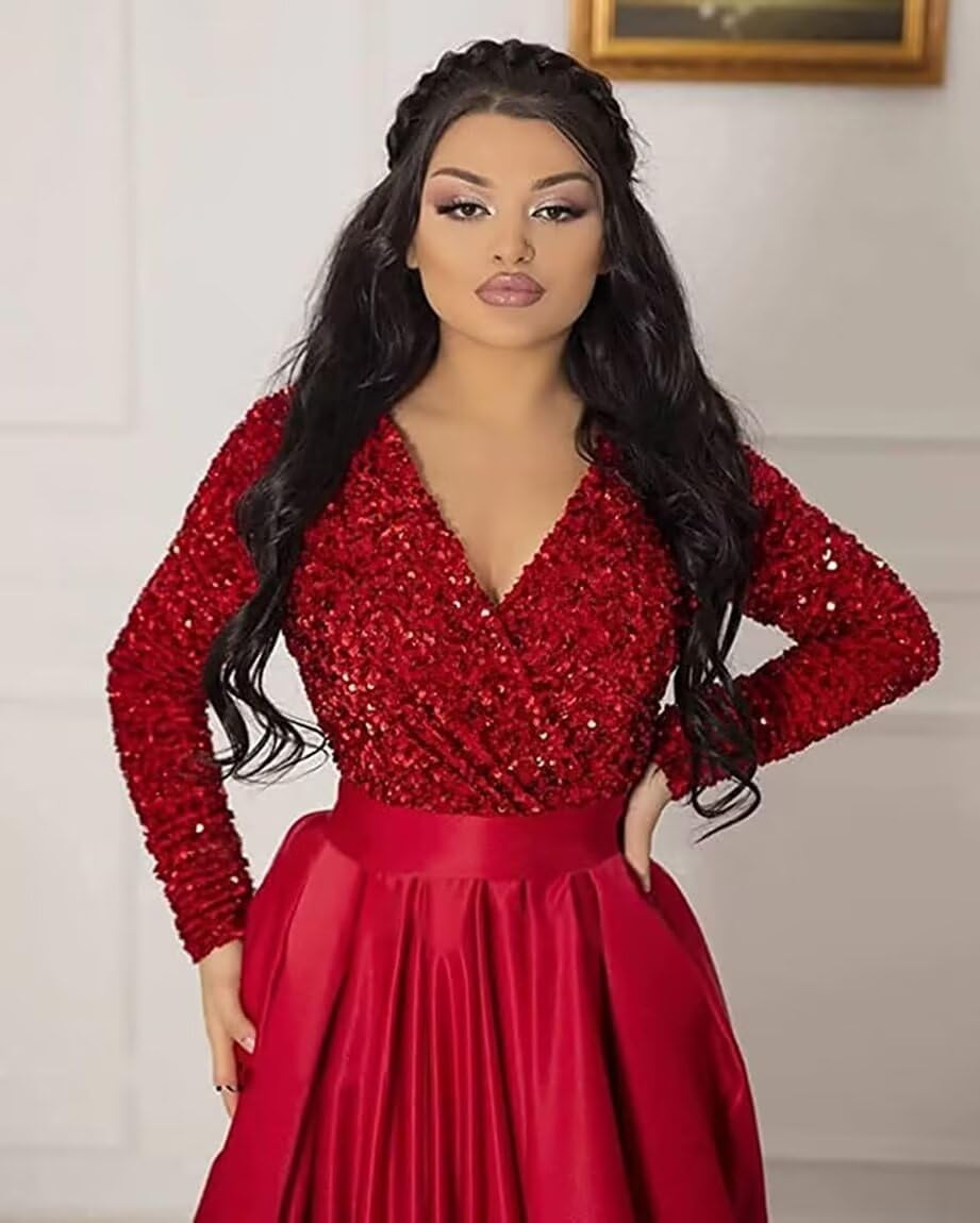 Women’s Sparkly Sequin Split Prom Dresses, Long Sleeves V Neck Satin Formal Evening Party Dresses with Pocket - Image 2