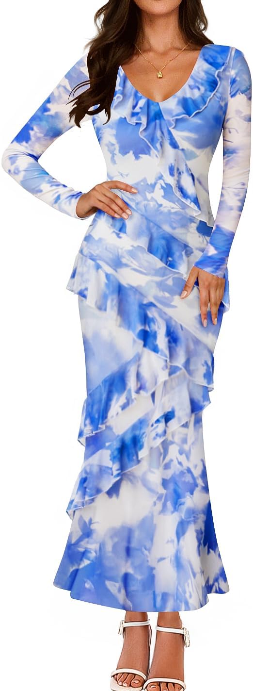 ZESICA Women's Fall Floral Long Sleeve Maxi Dress 2026 Boho Bodycon V Neck Ruffle Wedding Party Long Dresses