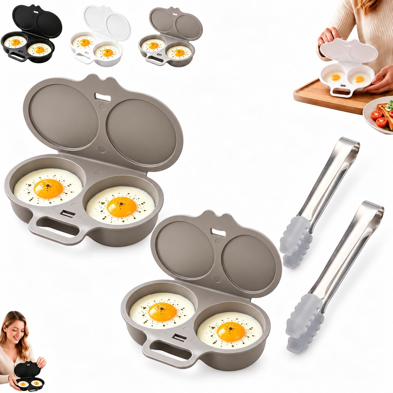Microwave Egg Poacher, Dual Cavity with Lid and Handle (gray＋clip 2PCS)