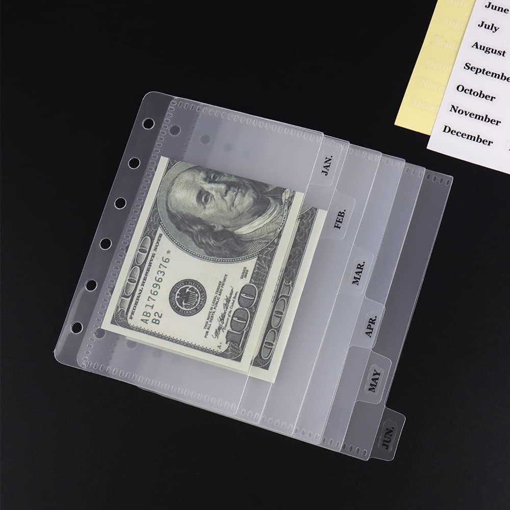 NatSumeBasics 6 A7 Binder Pocket Dividers Zipless Cash Envelopes Clear Planner Inserts with Tabbed Sticker for 6-Ring Budgeting Binder (A7) - Image 3