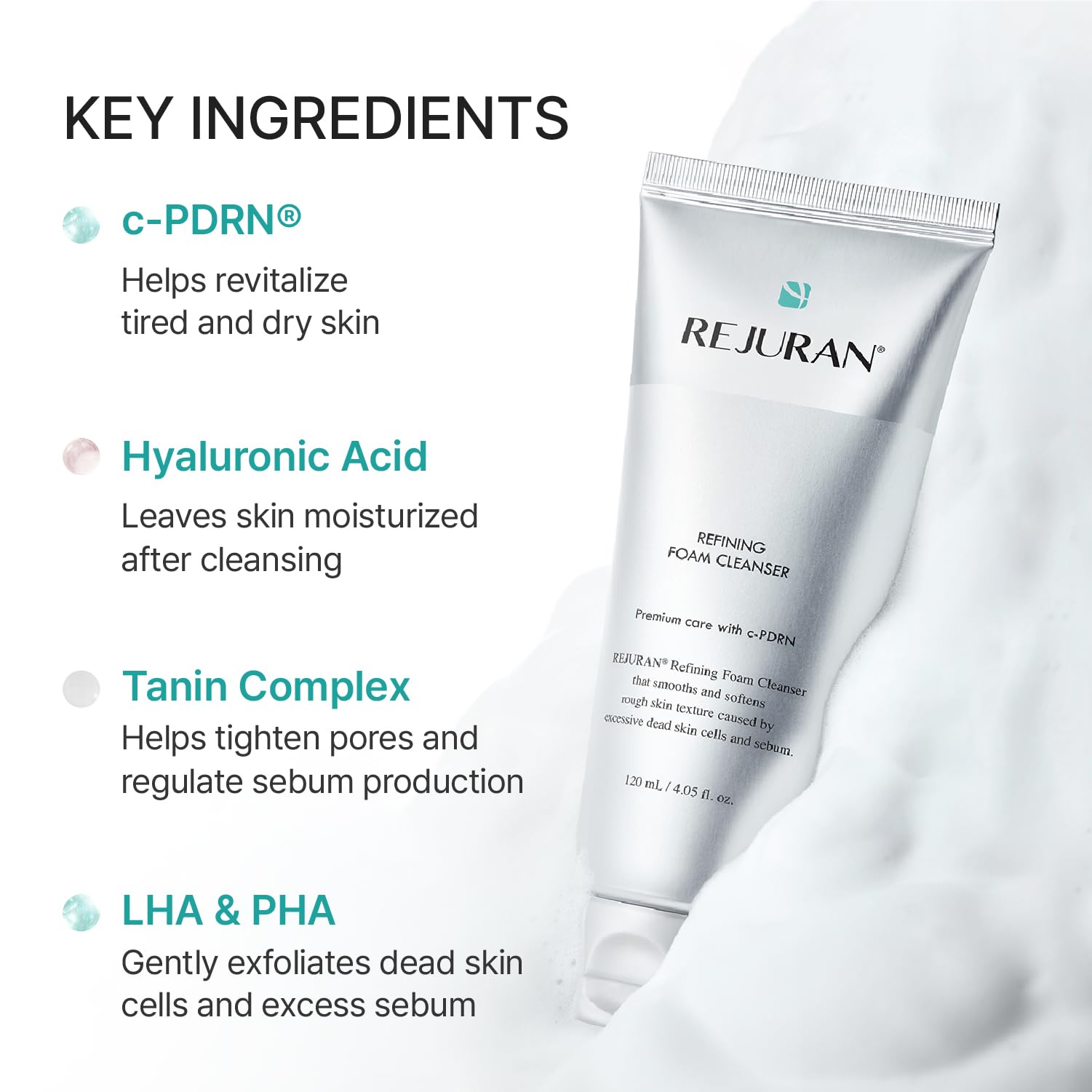 REJURAN Detergente Schiumogeno Purificante, Idratante E Delicato Per Una Pelle Più Liscia E Pulita, Minimizza I Pori E Riequilibra 4,05 fl oz (confezione da 1)