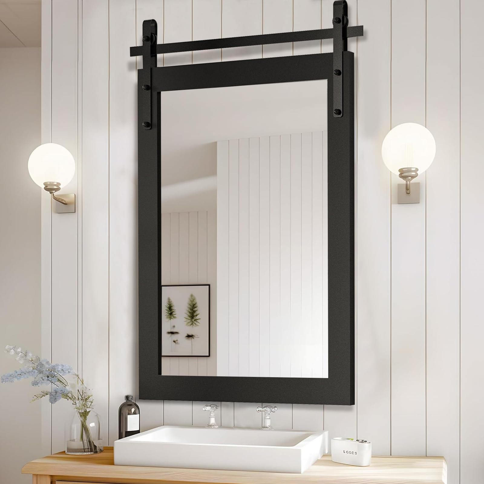 LOVMOR Farmhouse Mirror Wall Mounted Rustic - 22"*30" Inspirational Barn Door Mirror with Black Wooden Frame Rectangular Mirrors for Wall Decorative