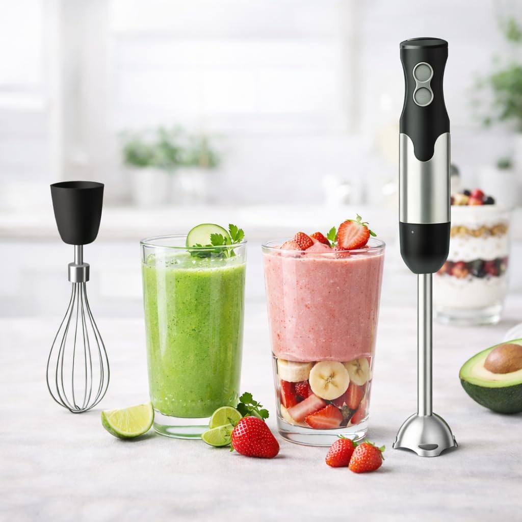 MEGAWISE HB-2062B 5-in-1 Hand Immersion Blender Set, 800W Powerful Stick Blender with Turbo Mode, Variable Speed Control, Stainless Steel Blade, Includes Whisk, Milk Frother, Chopper Bowl & Beaker
