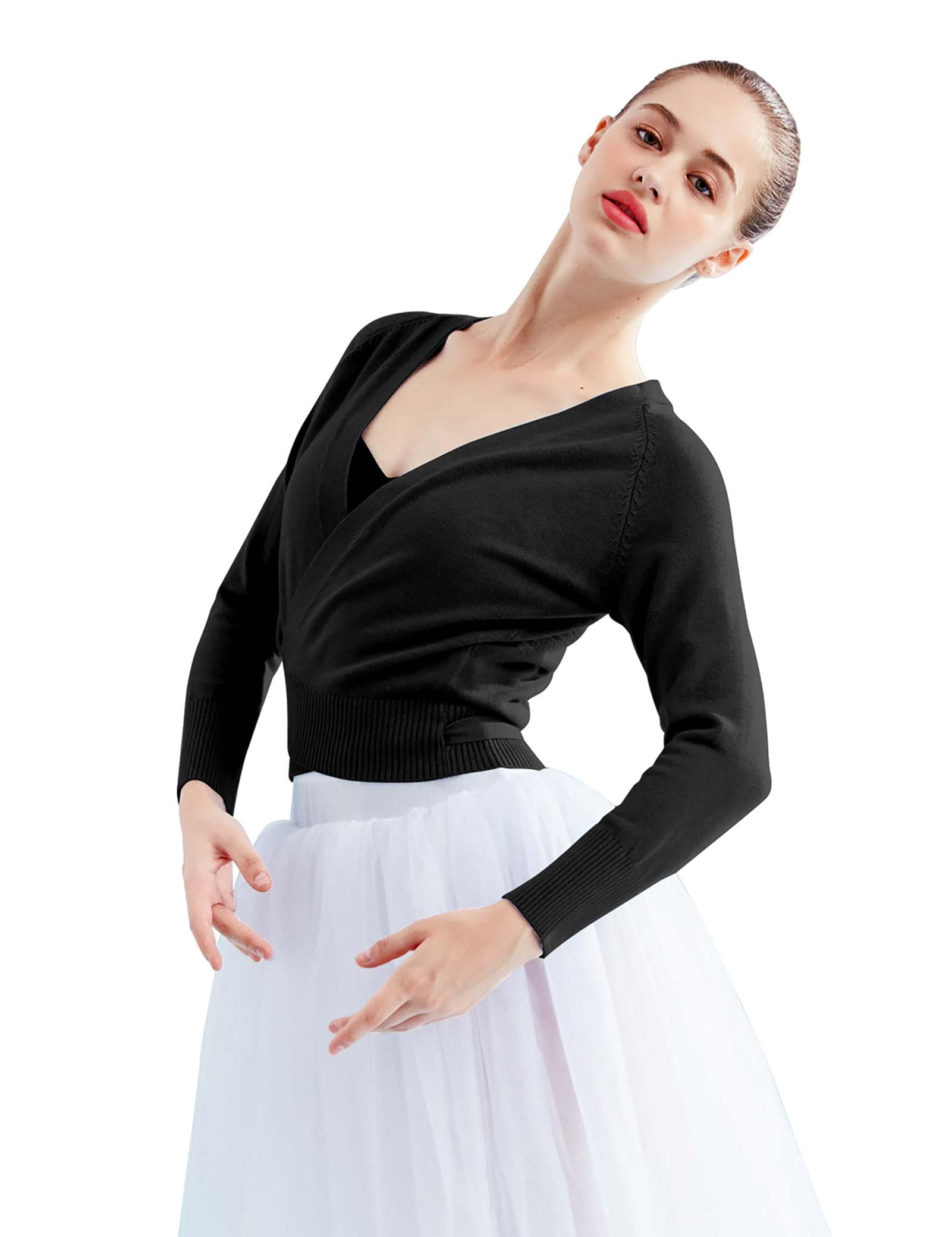 Daydance Women Wrap Dance Sweater Pink Soft Ballet Warm Up Jacket for Leotards - black - Medium