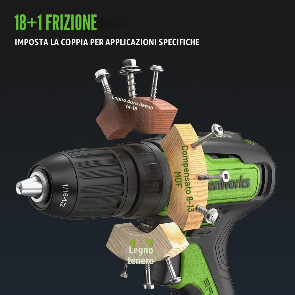Greenworks Trapano avvitatore a batteria da 24 V, 35 Nm, motore senza spazzole, 18 livelli di coppia, mandrino da 13 mm, cambio a 2 marce, batteria da 2 Ah e caricatore, valigetta
