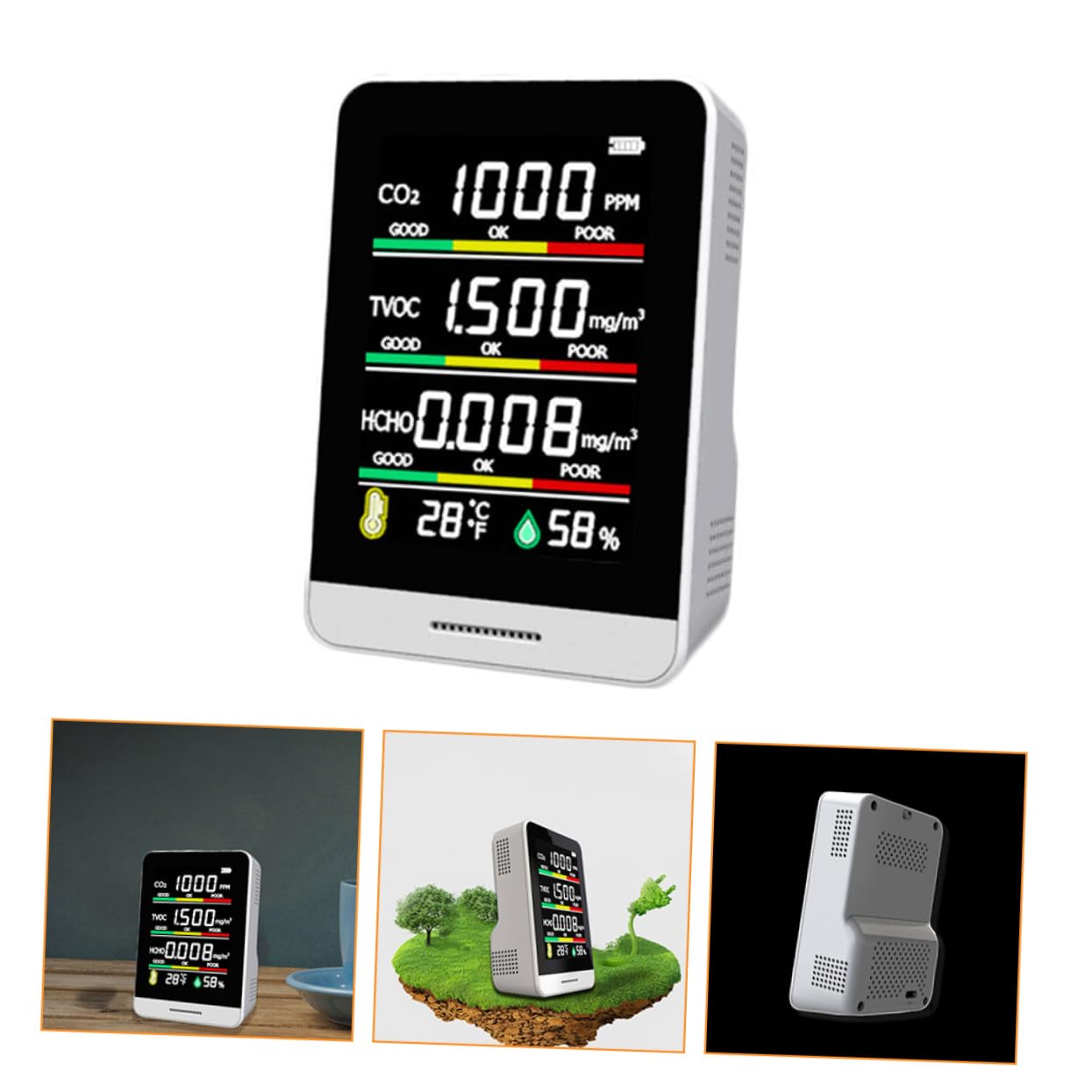 Medidor de Co2 Portátil, Monitor de Calidad del Aire, Blanco | Detección Tvoc, Alerta Sonora y Visual de Doble Capa, Batería 1200 Ma, Carcasa de Vidrio