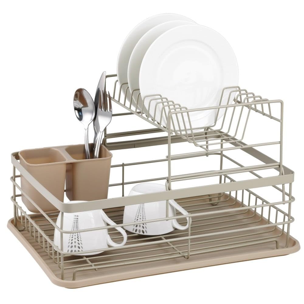 Kinghoff Geschirrtrockner aus Edelstahl mit Holzgriffen| Trockner mit Kunststofftropfschale, Besteckcontainer, Geschirr Abtropfgestell, 42.5x32x15.5