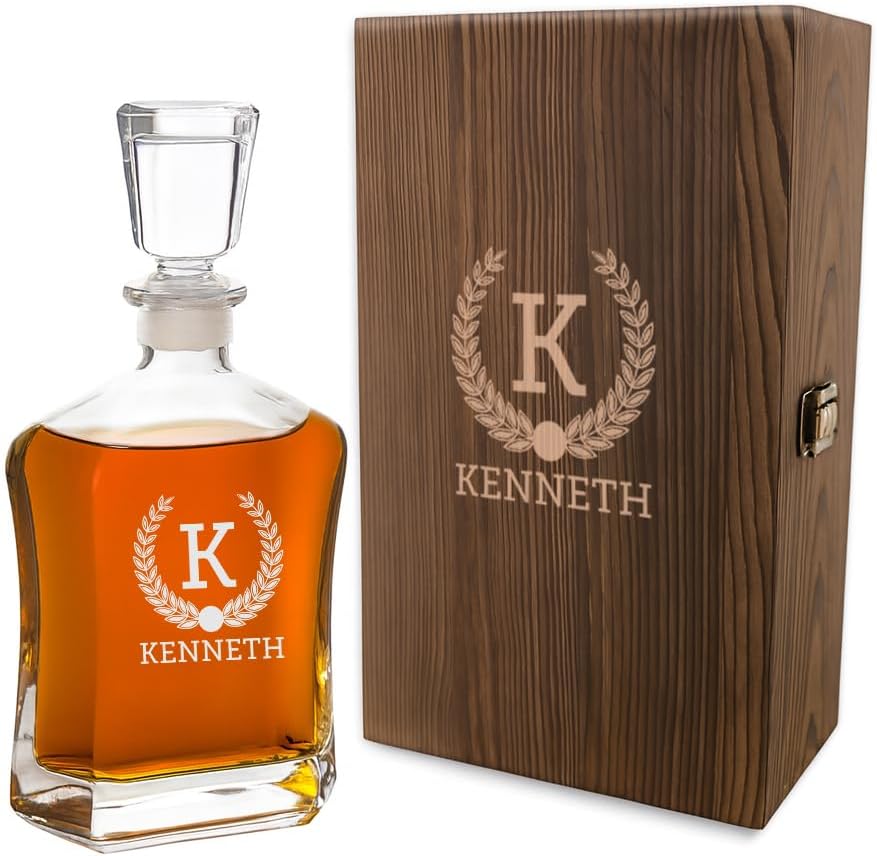 Froolu Personalized Whiskey Decanter with Engraved Wood Gift Box - Custom Scotch Gifts for Men on Fathers Day, Birthday, Anniversary & more - Great Man Cave Addition