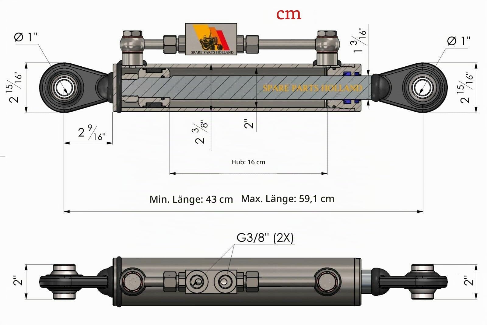 Hydraulischer Oberlenker Kat. 2-2 mit Sperrblock 430-590 mm mit 2 x Schlauch