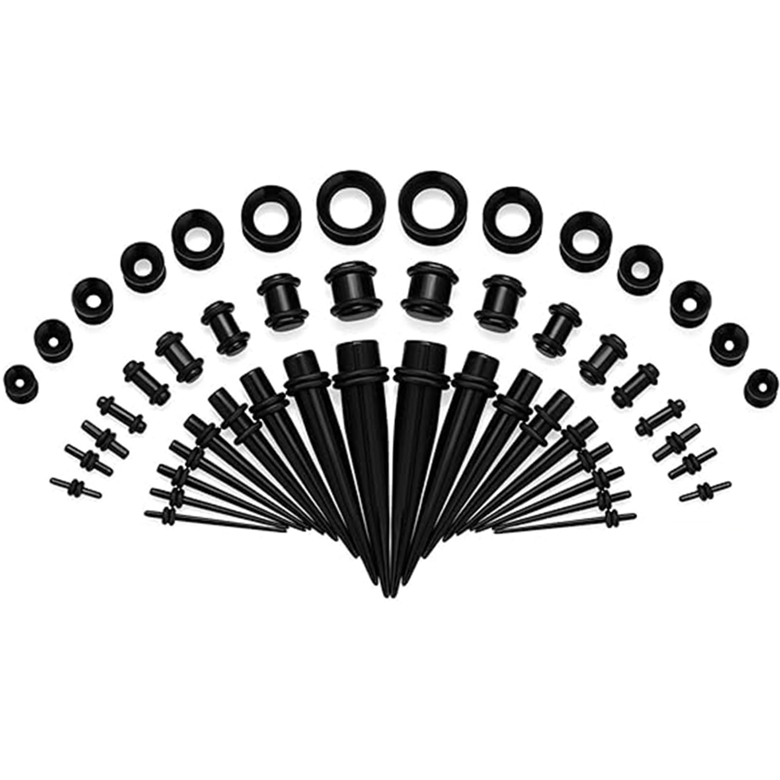 Huacan 50-częściowy zestaw do rozciągania uszu – rozciągacze do uszu stożki 1,6 mm – 10 mm + tunele silikonowe 3–12 mm
