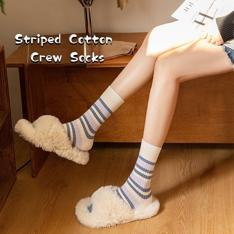 Image of 5 /10 Pairs Retro Style Colorful Striped Socks, Cute Athletic Crew socks for Women