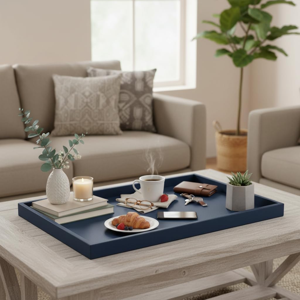 40 * 20 Inch Rectangular Ottoman Tray | Textured PU Leather, Waterproof & Heat-Resistant Storage for Coffee/Dining Tables, Sofa, Bed, Entertainment & Party (Navy Blue, 40 * 20in)