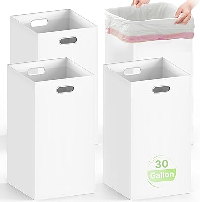 4 Pack Disposable Trash Cans for Parties, 30 Gallon Large Collapsible Garbage Cans with Handle, Thick Recycled Cardboard Recycling Bins for Party Events Camping (30" H x 14" W x 14" D), White