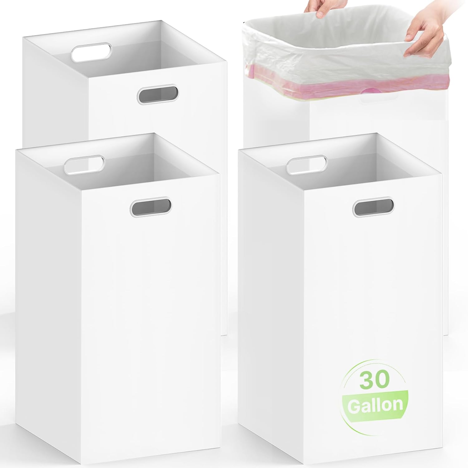 4 Pack Disposable Trash Cans for Parties, 30 Gallon Large Collapsible Garbage Cans with Handle, Thick Recycled Cardboard Recycling Bins for Party Events Camping (30" H x 14" W x 14" D), White