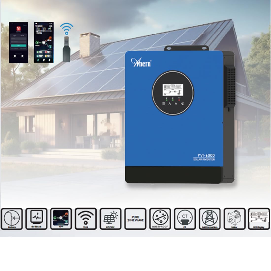 Anern Onduleur Solaire 10KW 220V-240V CA intégré 3 MPPT Fonction CT Inverseur,Impossible de Connecter la Batterie Fonctionne avec Moteur 1,5 P+3P ou Pompe à Eau,Tension MPPT 60-450VCC