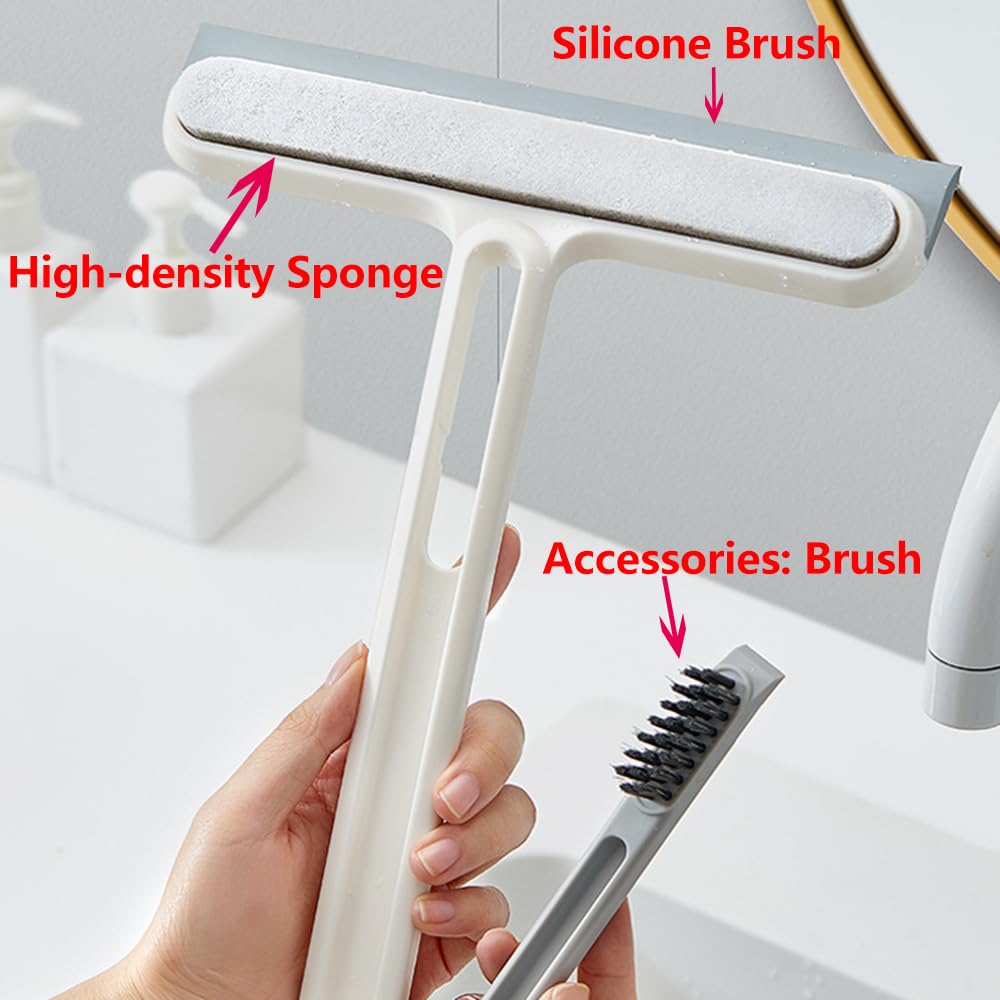 Lavavetri, strumento multifunzione 3‑in‑1 con supporto in silicone | For la pulizia del vetro della doccia, dello specchio, delle piastrelle del bagno e degli spazi vuoti(White)
