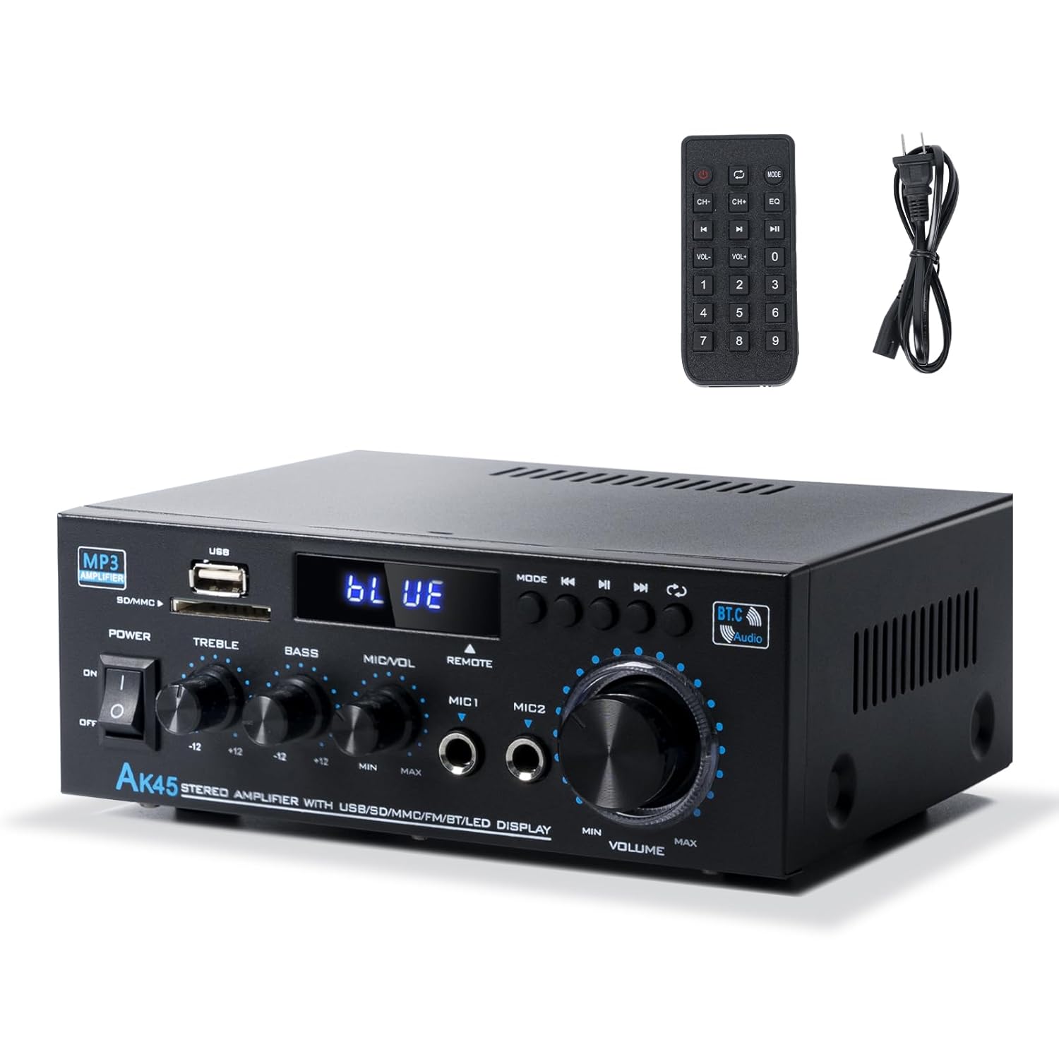 Bluetooth Stereo Receiver &Home Audio Amplifier, 300Wx2 2-Channel for Home Theater & Bookshelf Speakers, w/FM Radio Karaoke, w/USB/SD/RCA/MIC/FM in, with Remote Control, for Garage Bar Party