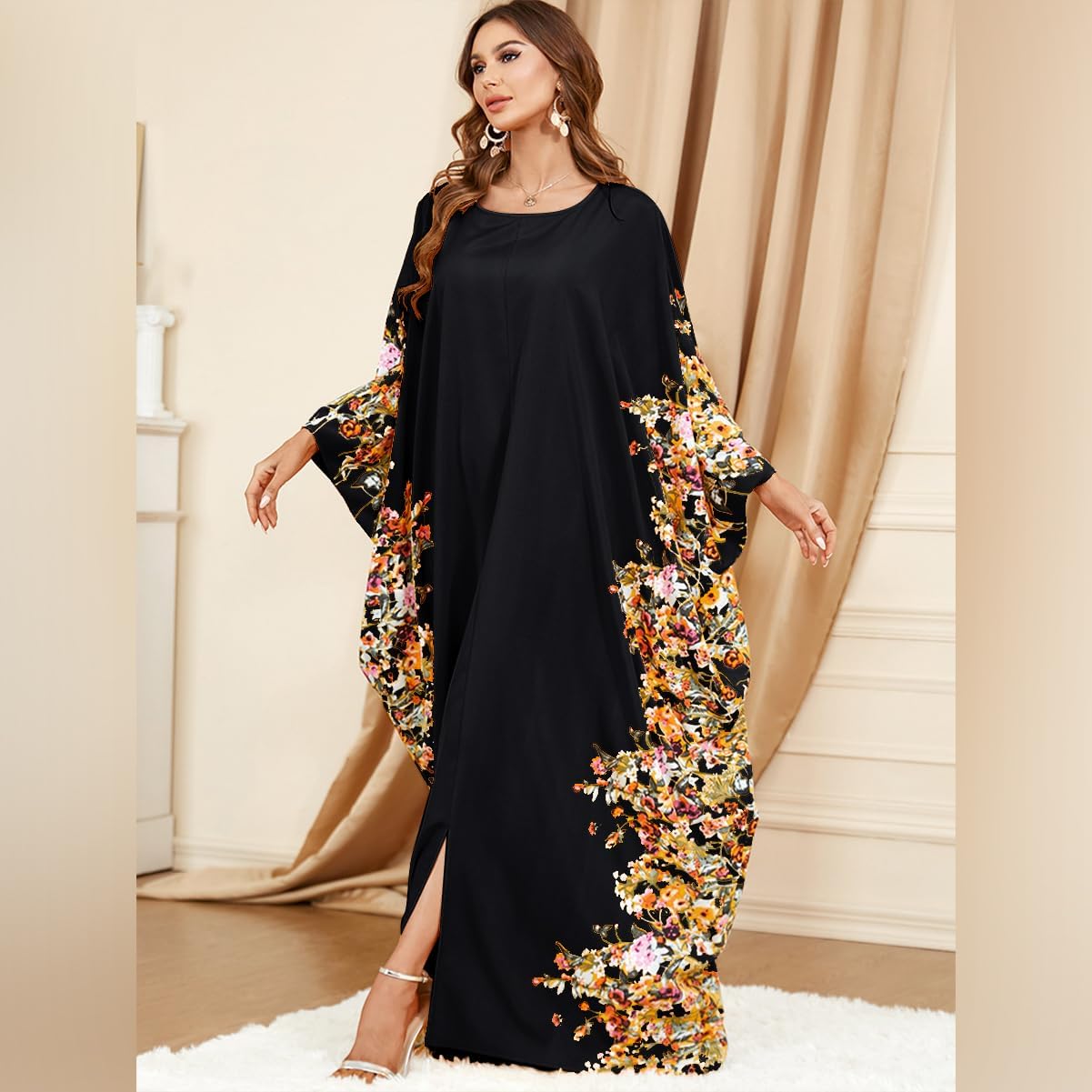 ODIZLI Ramadan Abaya for Women Muslim Batwing Sleeve Floral Print Prayer Dress Dubai Turkey Kaftan