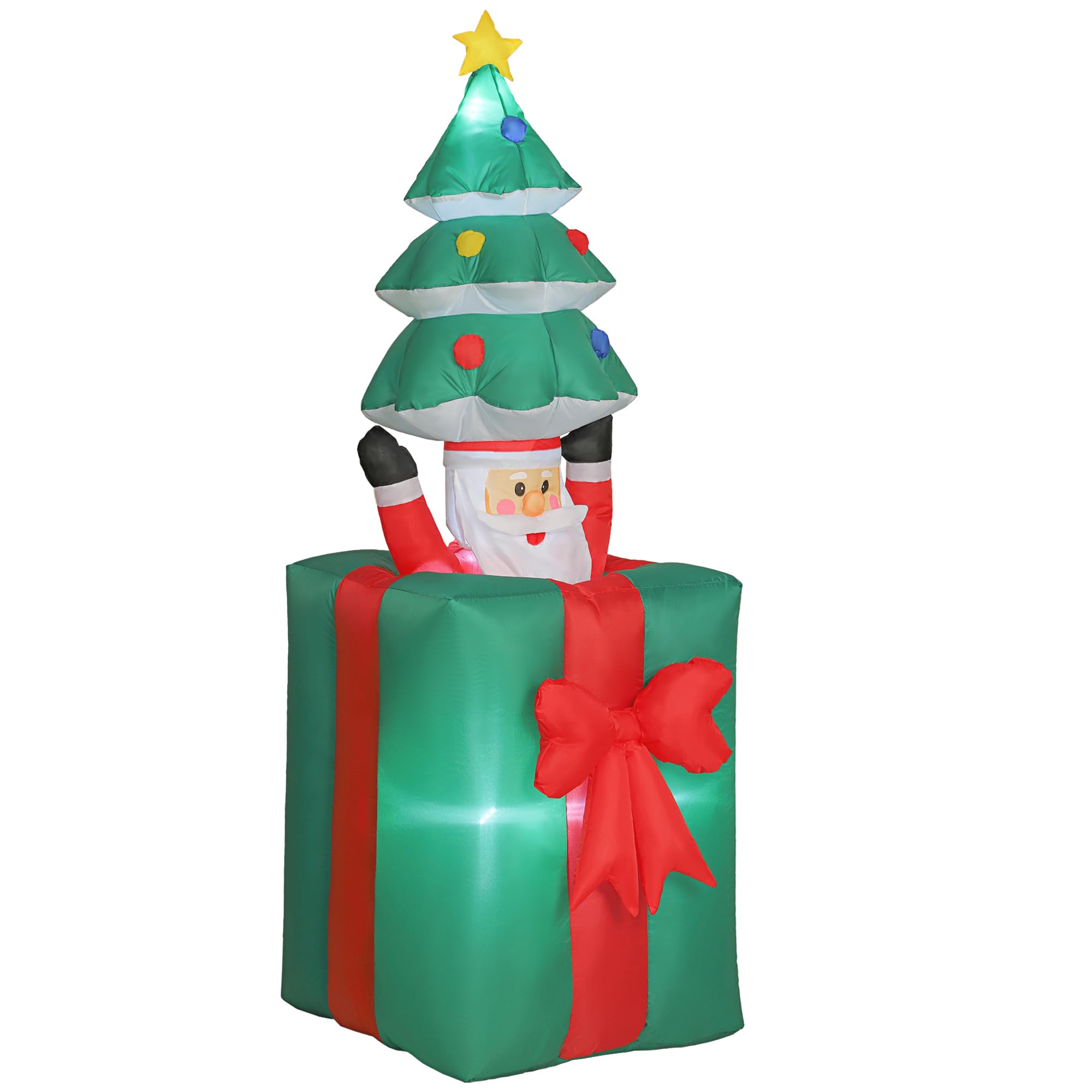 Outsunny 160-213 cm Aufblasbarer Weihnachtsdekoration mit LED-Lichtern | Beweglicher Weihnachtsmann aus Geschenkbox, mit Weihnachtsbaum, Weihnachtsdeko, für Rasen Hof und Garten