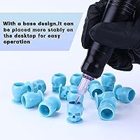 Vista 3 de Tapas de tinta para tatuajes 200 piezas, desechables, tazas de plástico con forma de calavera para maquillaje, cejas, delineador de labios, con Azul